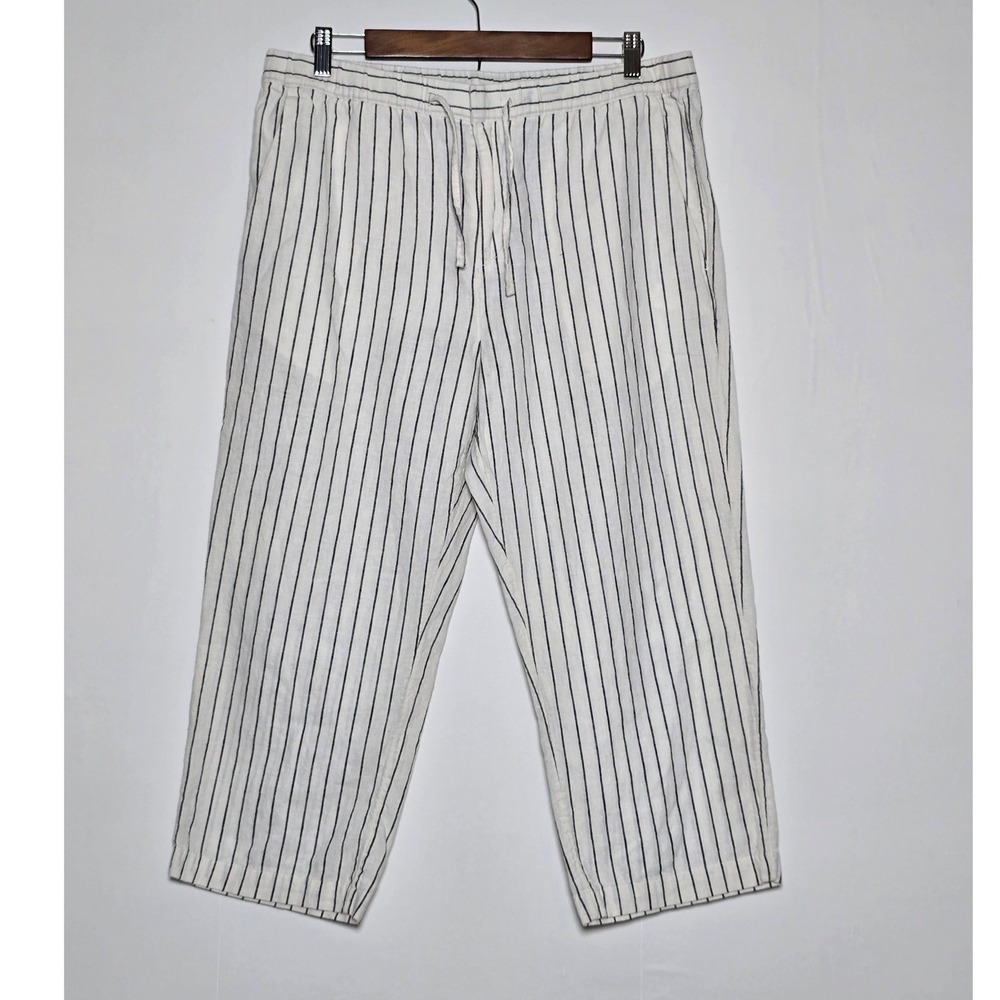 H&M Women's Pants Size M White Black Striped Linen Cotton Drawstring